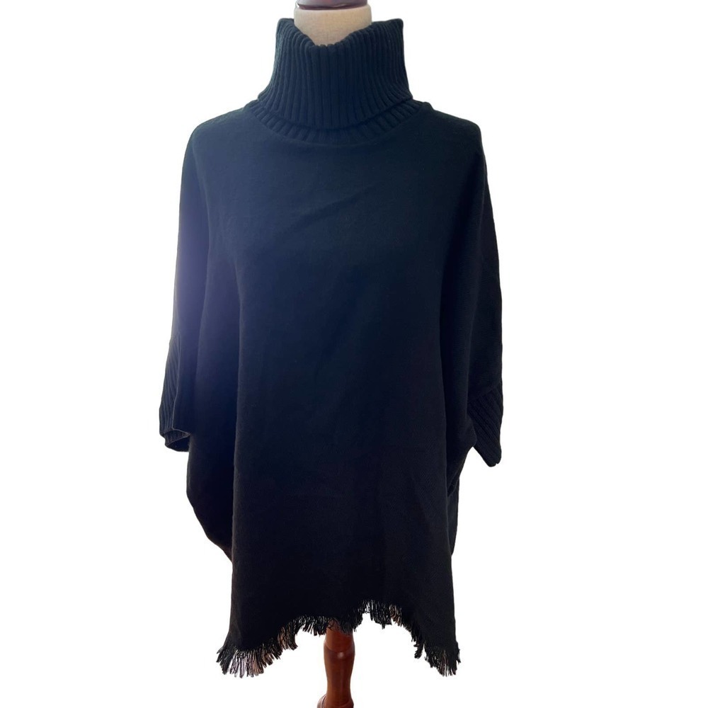 3/$27 Sonoma Short Sleeve Poncho with Fringe in Black, One Size Fits All